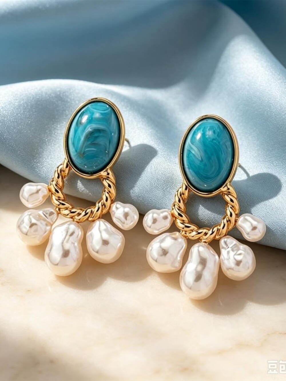 Faux Turquoise Oval Drop Earrings, Gold Alloy Faux Pearl Dangle